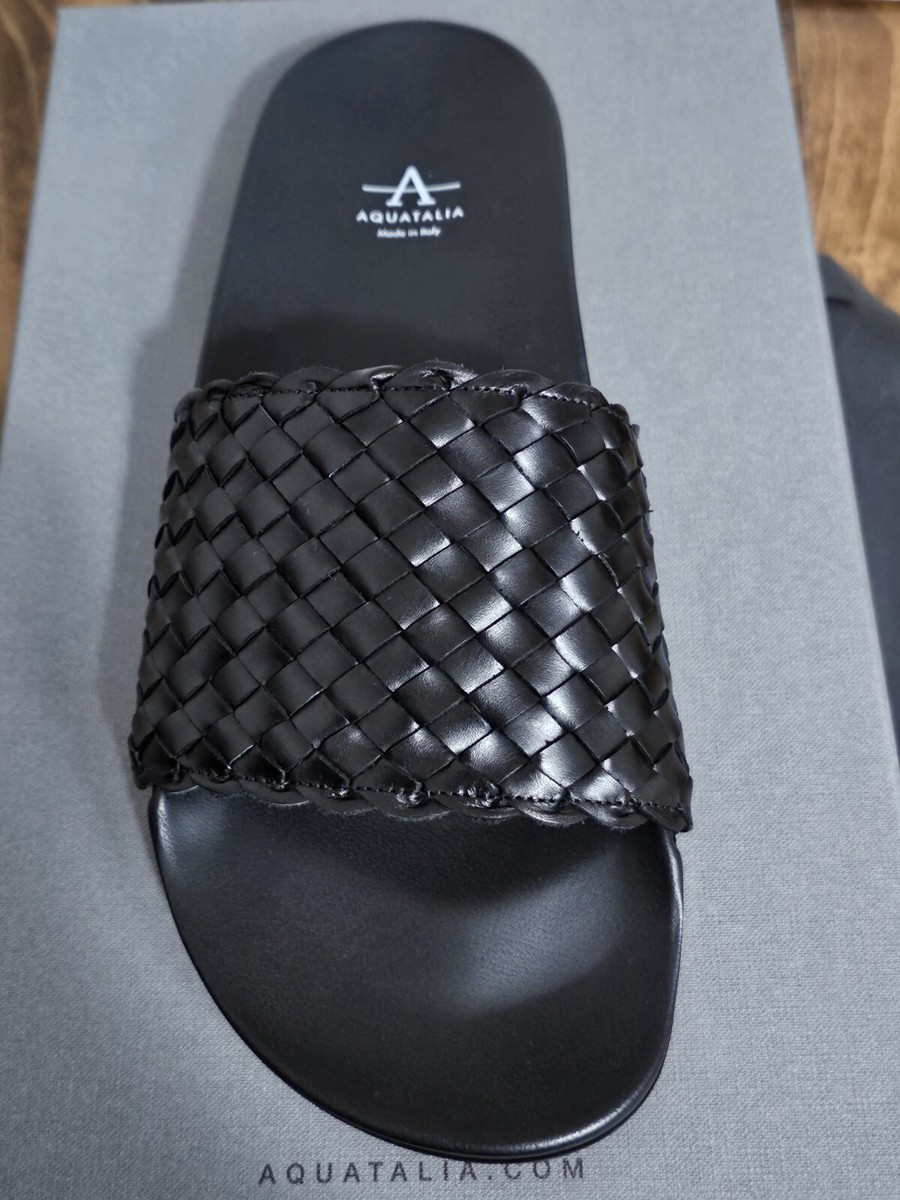 Aquatalia Samuele BLACK Leather Sandals Slip On Weatherproof 