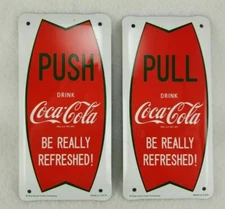Vintage Style Coca-Cola Push Pull Door Plates, 2 Piece Set, Red Fishtail Design