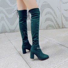 Womens Round Toe Block Mid Heels Zip Over Knee Thigh High Boots Shoes Plus Size