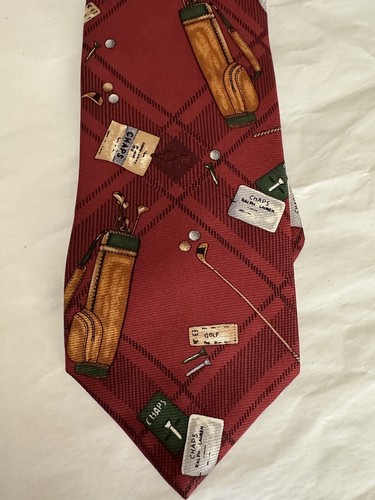Chaps Ralph Lauren Men's Tie Silk Red Plaid Golf Theme Made in USA - Picture 2 of 5