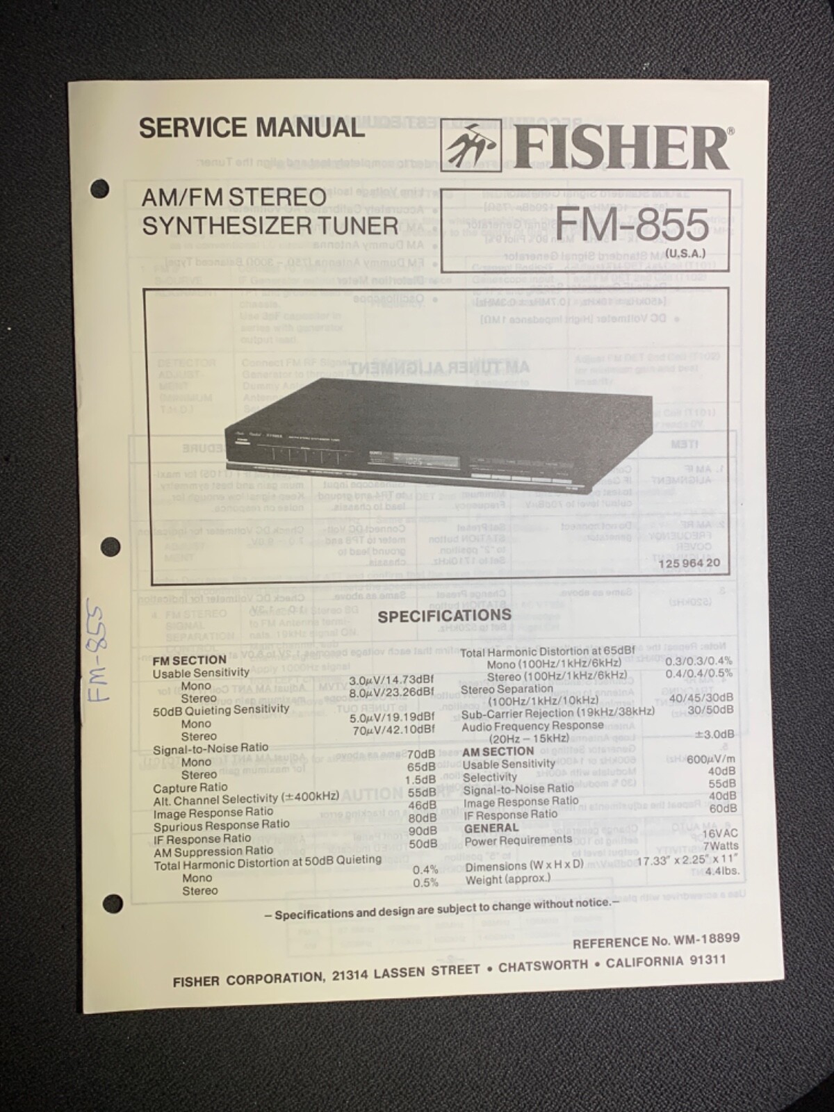 Fisher FM-855 AM/FM Stereo Synthesizer Tuner Original Service Model