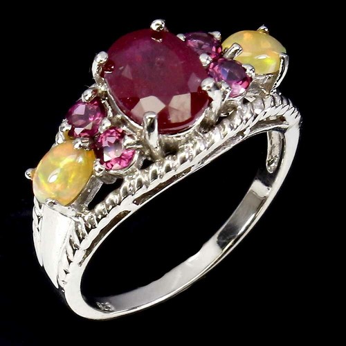 925 Sterling Silver Ring Oval Ruby 8x6mm Fire Opal Rhodolite Gemstone Jewelry 7 - Picture 2 of 10