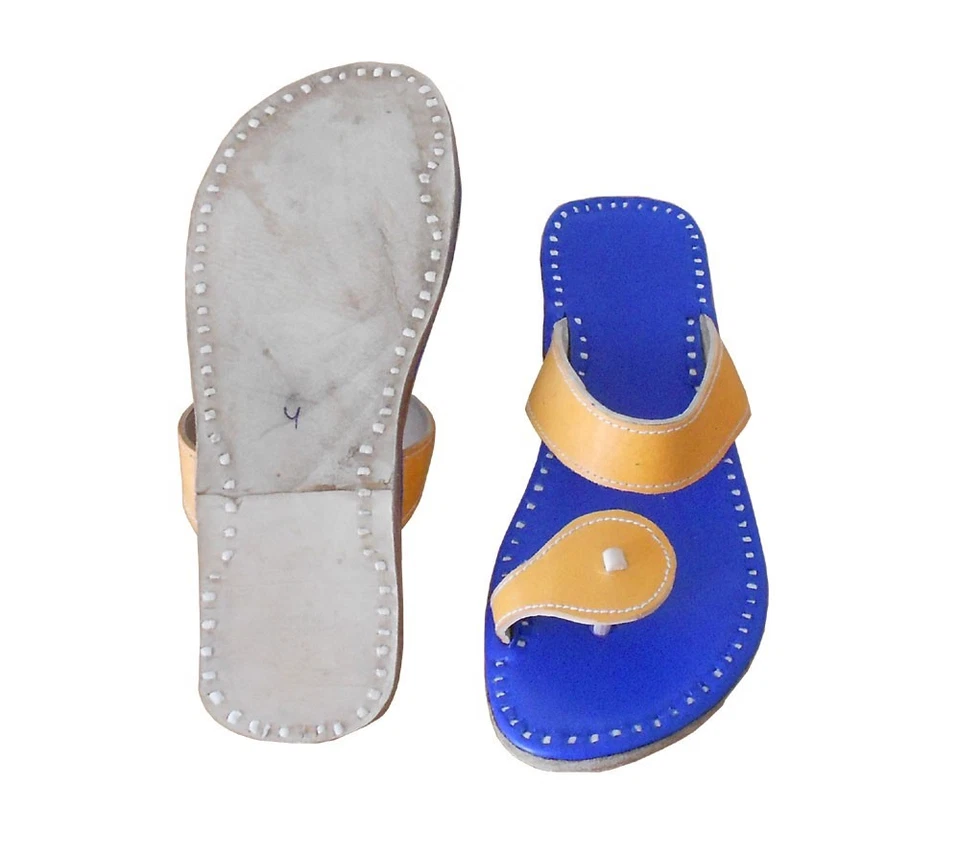Chinelos femininos indianos feitos à mão couro tradicional azul balé jutties planas EUA 4 - Imagem 3 de 4