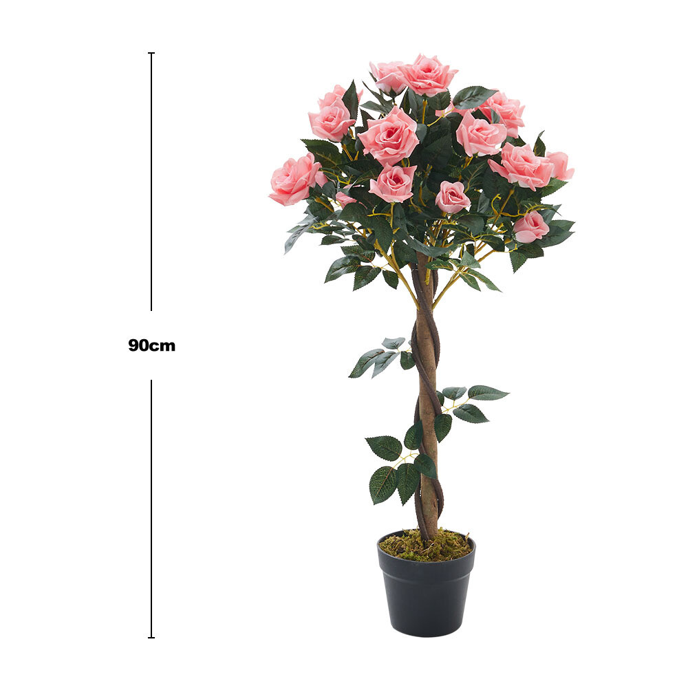 Artificial Rose Bush Tree Potted Plant Pink Faux Flowers Home Garden