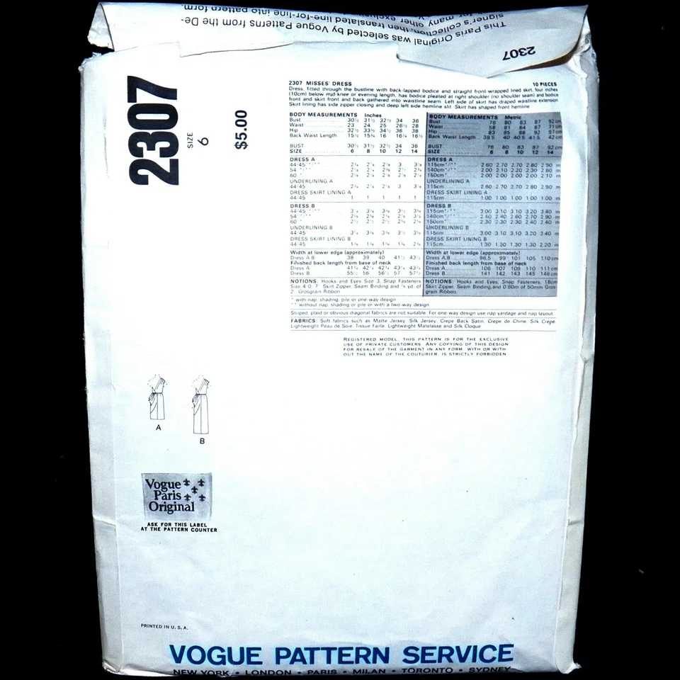 Vintage 80s Givenchy Vogue Paris sin Cortar Patrón 2307 Cubierto Griega Diosa 6 - Imagen 3 de 4