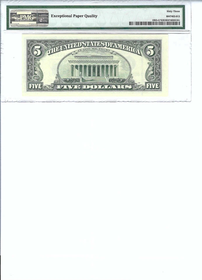 1993 $5 FRN FR1983-G* PMG 63 EPQ, Chicago * Note S/N G00059982*!!! - Image 2 of 2