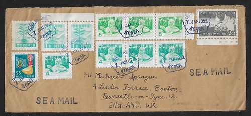 KOREA CHUNG-KU TO UK 12 STAMPS MULTIFRANKED COVER 1959 - 第 1/2 張圖片