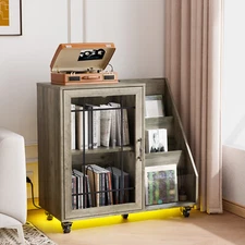 Record Shelf Stereo Cabinet Player Stand Table with Power Outlet & LED Light