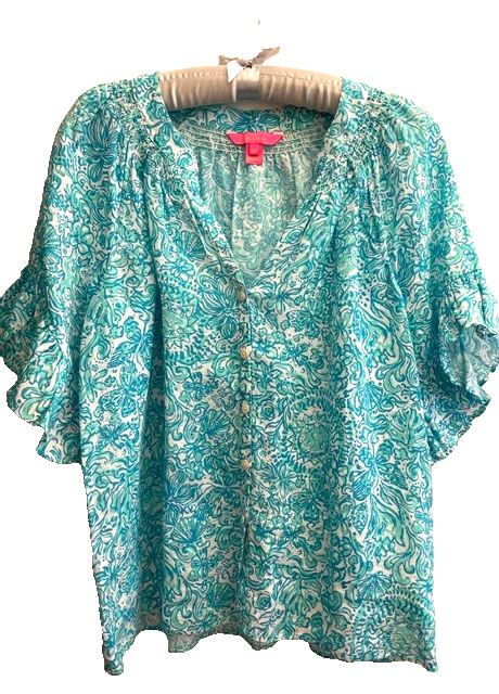 Lilly Pulitzer Tayla Short Sleeve Linen Top Took Me By Sunrise Blue Size Medium