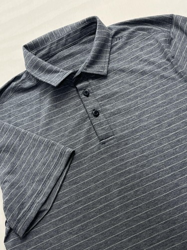 Lululemon Polo Shirt Mens Gray Striped Performance Golf Stretch Logo Preppy