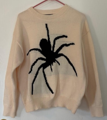 SHEIN Cream Knit Sweater Black Spider Graphic Pullover Women’s Size L CL0106