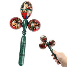 9.7" Wooden Triple-Head Maraca -Large Handpainted African Rhythmic Shaker, Ru...