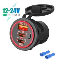 12-24V USB C 3 Port Fast Car Charger PD QC3.0 Outlet Socket for Boat RV Marine