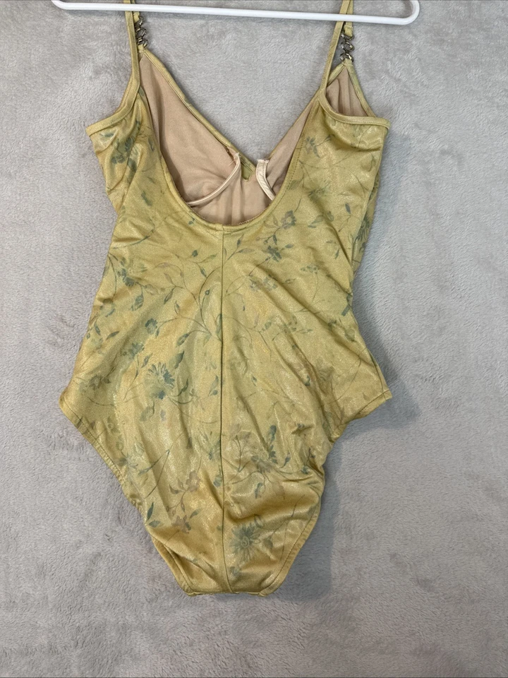 Traje de baño de una pieza para mujer Carol Wior talla 10 dorado floral cuello en V metálico Xclt Foto 4 de 4