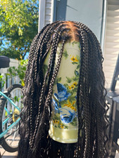 Black Full Lace Braided Wig Free-Part Wavy Synthetic Hair 36 inches