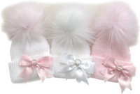 BABY GIRLS POM POM HAT FUR BOBBLE & DIAMANTE BOW PINK WHITE NEWBORN WARM HATS
