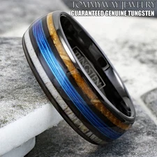 Tungsten Carbide Men's Ring Blue Fishing Line-Whiskey Barrel & Deer Antler Band