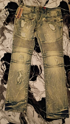 #ad Makobi Men#x27;s Slim Straight Distressed Stretch Denim Jeans 36x34 Ripped Acid Wash $250.00