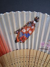 Ventaglio pieghevole giapponese vintage dipinto a mano bambù e seta rosa geisha floreale