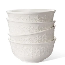 Cereal Bowls Set of 4 - Ceramic Soup Bowls for Kitchen 30 Oz Embossment White Br