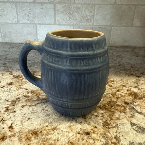 Vintage McCoy Pottery Barrel Coffee Mug Cup Blue Shield Mark #4