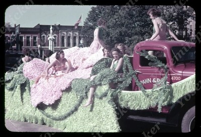 SL21  Slide 1960's Parade Float young lady / red truck 261a