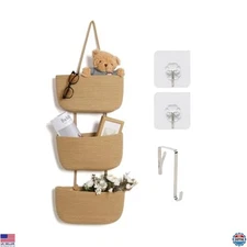 3-Tier Over The Door Organizer Hanging Basket, Woven Cotton Nursery Storage
