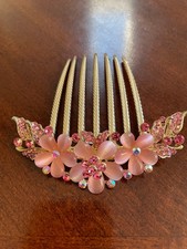 Pink Flower Rhinestone Hair Comb Gold Tone Floral 7 Prong