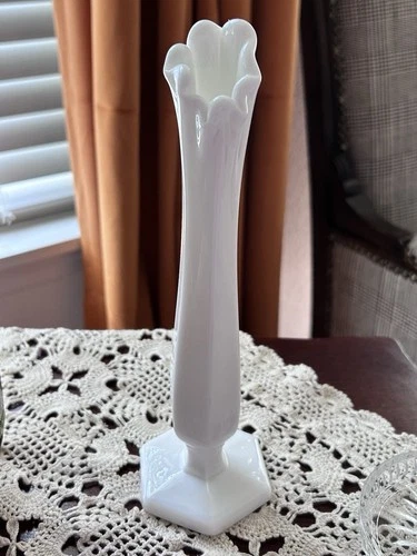 Vintage White Westmoreland Milk Glass Swung Bud Vase 9" unique base mid century