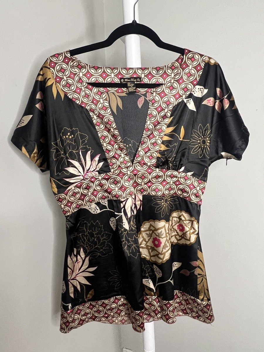 Vintage Y2K Forever 21 Black Floral Kimono Sleeve Asian Polynesian Blouse  Medium