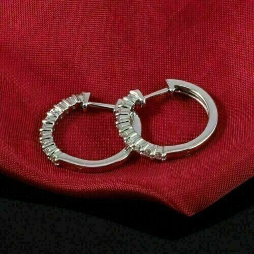 Women's Hoop Earrings Round Cut GH SI Natural Certified Diamond 14K White Gold - Picture 7 of 11