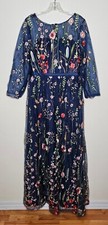 Navy Floral Embroidered Formal Floor Length Dress