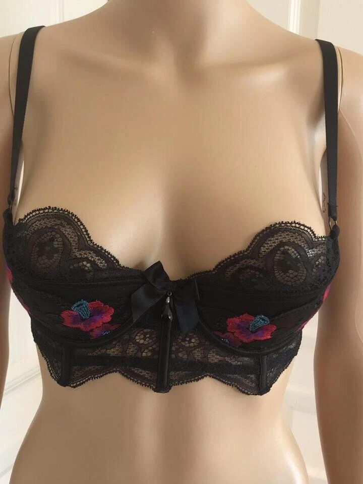黑色花卉刺绣意大利花边蜂蜜小鸟安吉丽娜文胸 32C 码 — 第 2/4 张图片