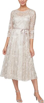 Alex Evenings Dress Tea Length Embroidered Illusion Petite sz 16 P NEW NWT AE4
