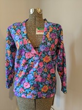 Vtg 80s 90s Sweet Knits Hippy Floral Deep V Neck Sweatshirt Flower Child Cottage