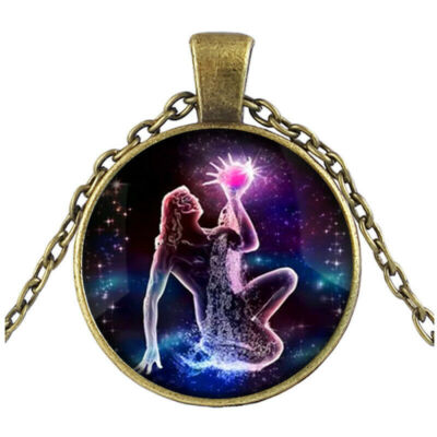 Aquarius Fantasy Zodiac Glass Cabochon Necklace 18'' Bronze Chain USA Seller