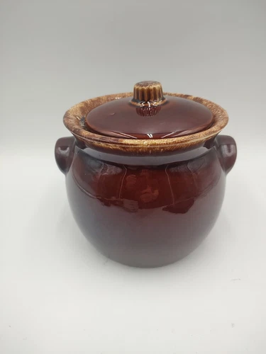 Vintage Hull Oven Proof USA Brown Drip Glaze Cookie Jar / Beanpot Stoneware lid