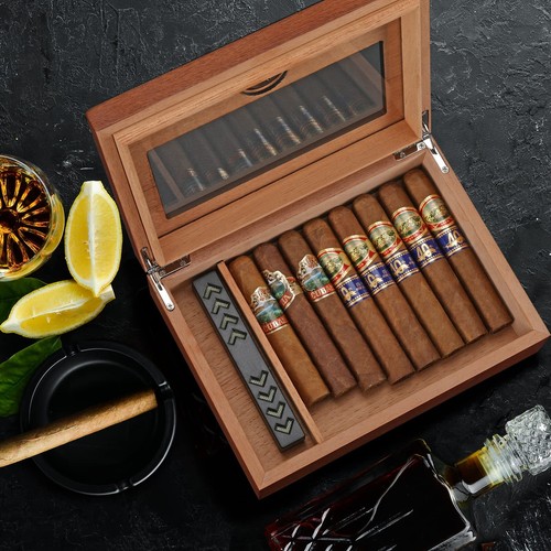 TISFA Cigar Humidor Glass Top Cedar Wood Storage Holds 20-30 Cigars - Picture 5 of 6