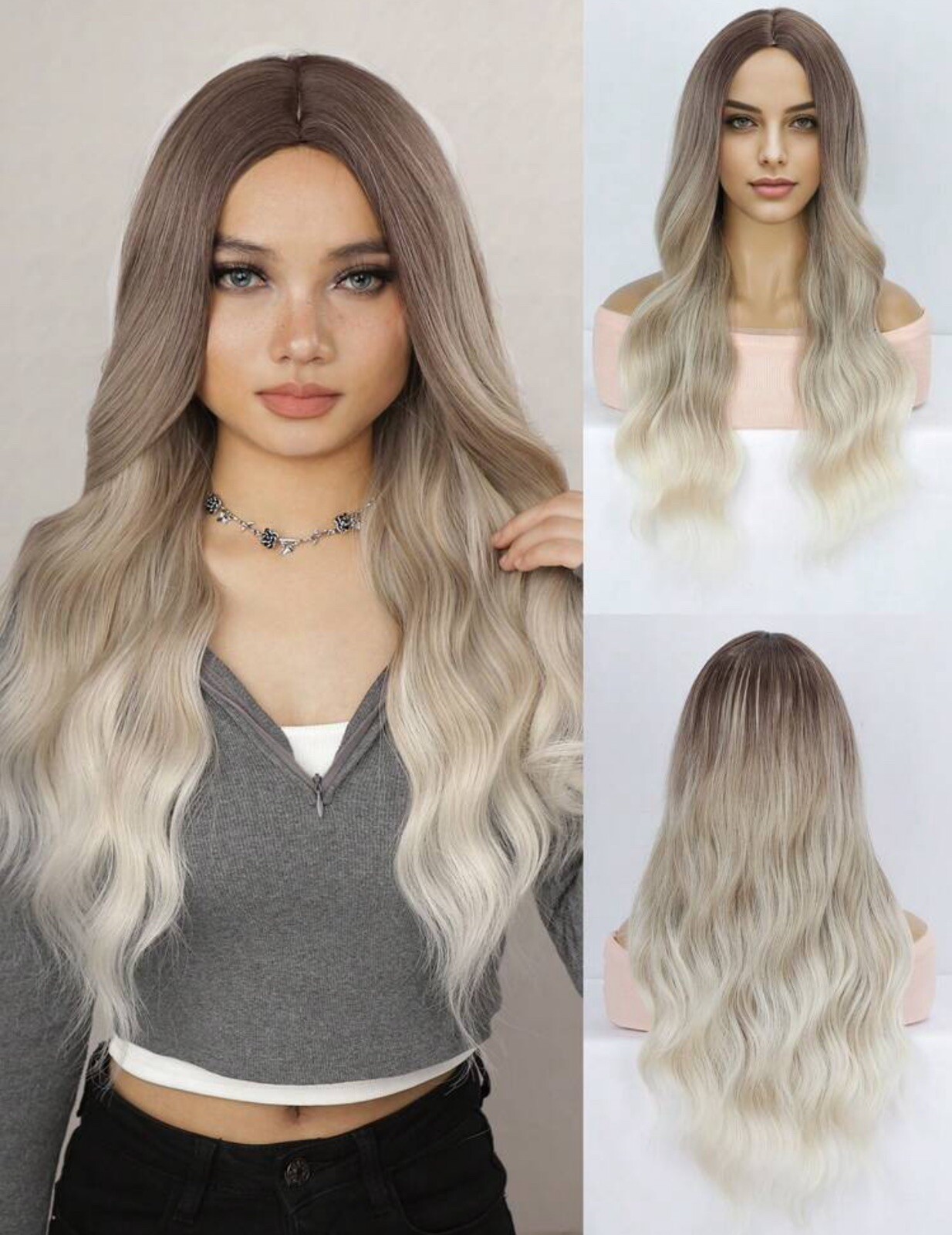 Perruque synthétique longue blonde contre cheveux fins : volume ondulé et 4 bonnets