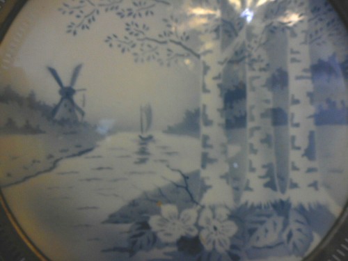 Vintage Windmill Porcelain Dutch Tray Metal Trim Blue White Handles Missing 9" - Picture 4 of 12