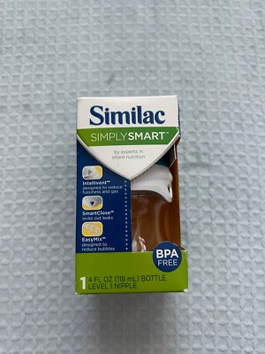 Similac SIMPLY SMART 4oz Baby Bottle Level 1 Nipple Clear w/ Blue Cap BPA Free