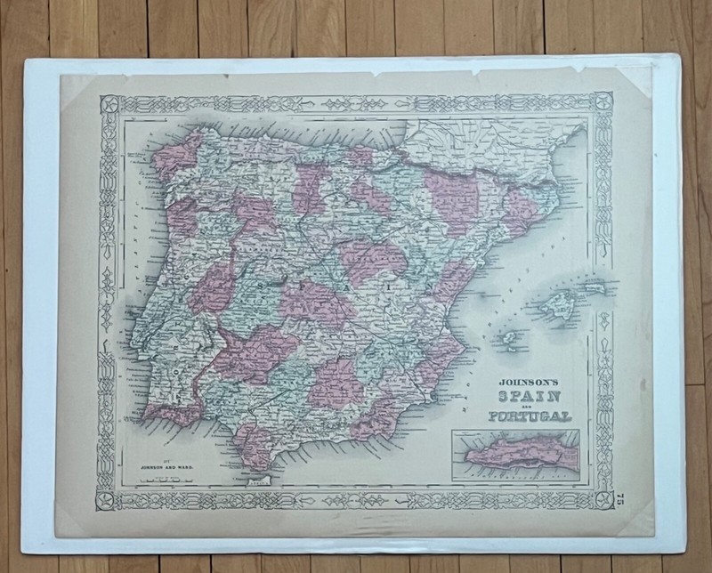 Antique Map SPAIN & PORTUGAL 1864 Engraved & Hand Colored~Johnson & Ward 18x14