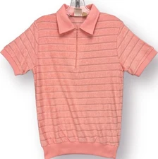 VTG 70s Terry Cloth Top Womens M Coral Pink Collared Mesh Country Club Beach Gym
