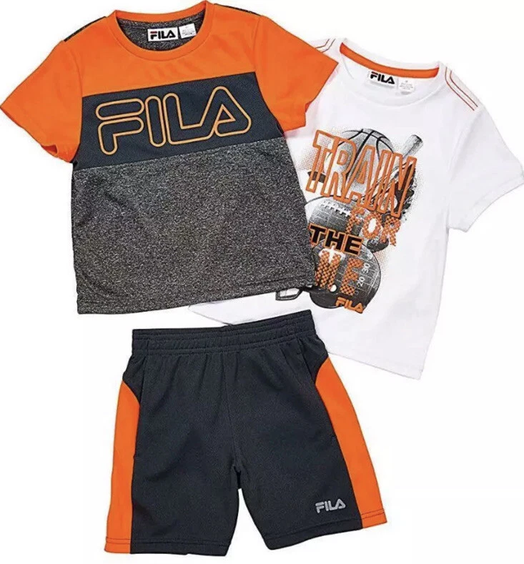 FILA Boy s Sz 5 Logo Screen Print 3pc Outfit Short Set 2 Shirts 1