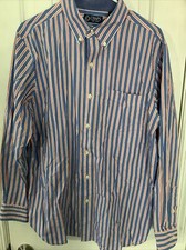 CHAPS - Button Down Dress Shirt Casual - Blue Orange Striped Long Sleeve -MEDIUM