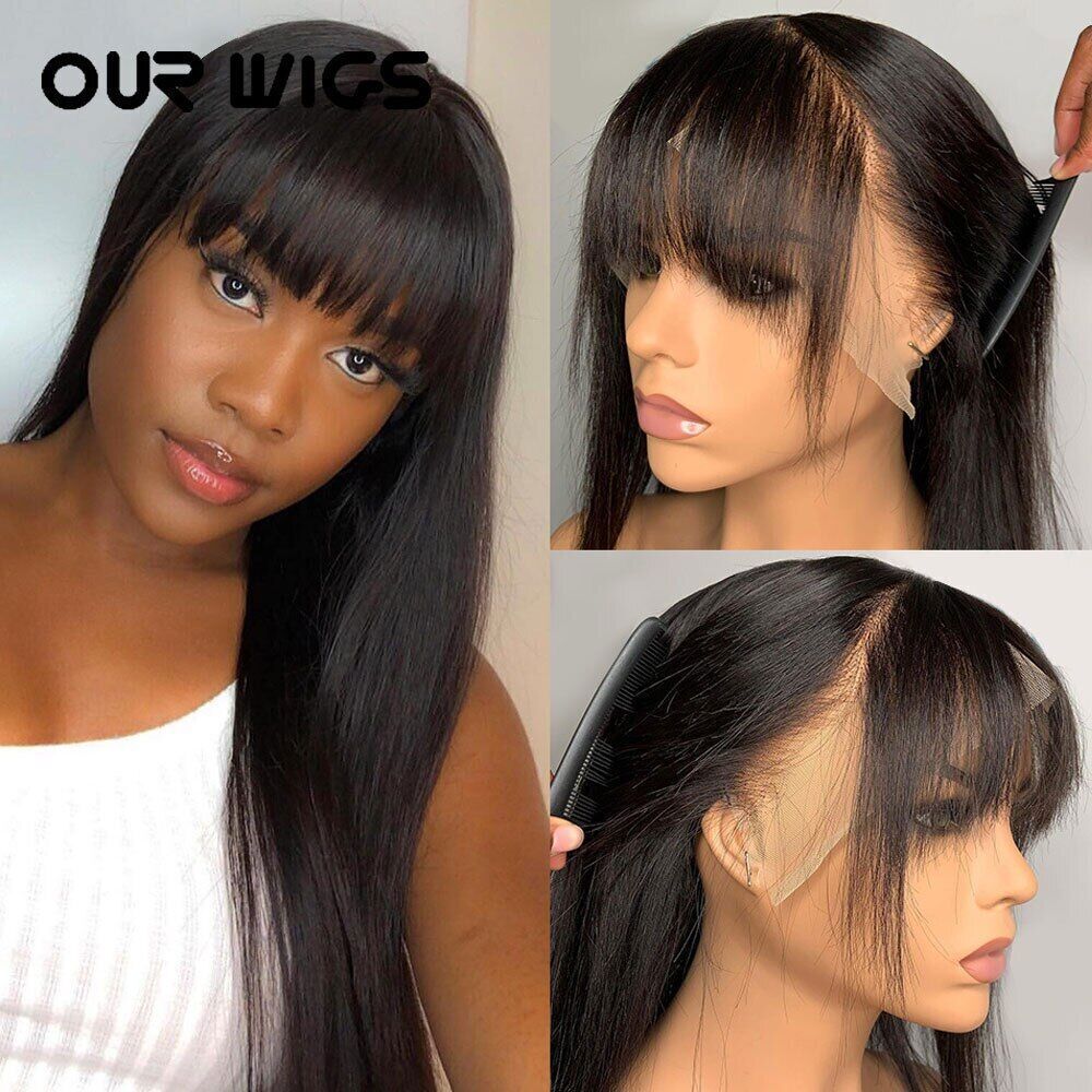 With Bangs Glueless Synthetic Lace Wig Pre Plucked Heat  display picture 2