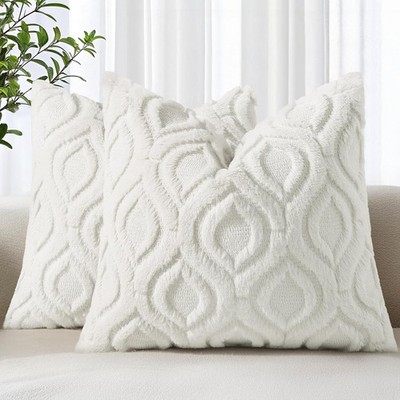 Throw Pillow Covers 18x18 Inch Set of 2, Soft Plush Faux Wool Cream White Solid