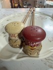 Vintage Wooden Novelty Salt & Pepper Shakers Set of 2 w/ Handles, Beige & Red — photo 2
