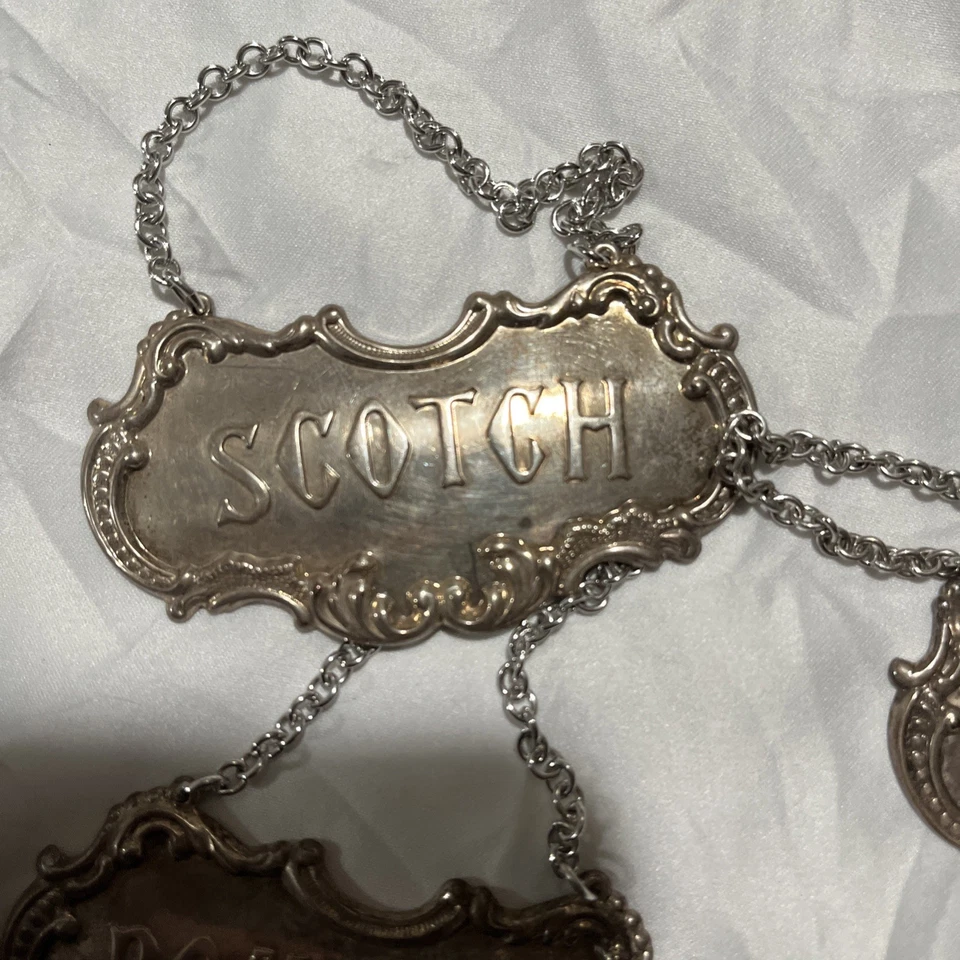 Etiquetas decantador de licor antigas vintage etiquetas de prata esterlina conhaque gin vodca - Imagem 2 de 4