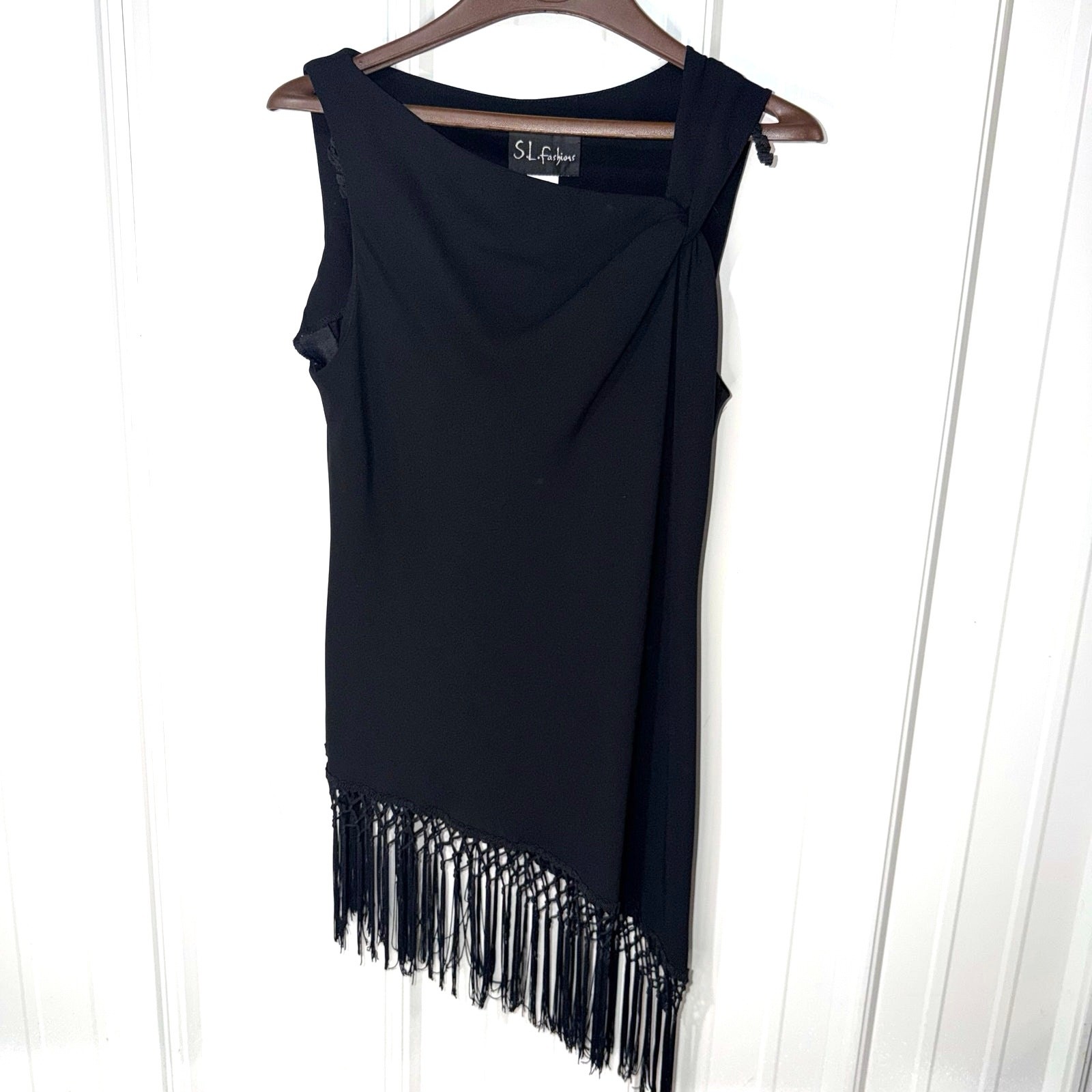 Vintage S.L. Fashions Fringe Tassels Top Black Asymmetrical 90s Boho Size 14